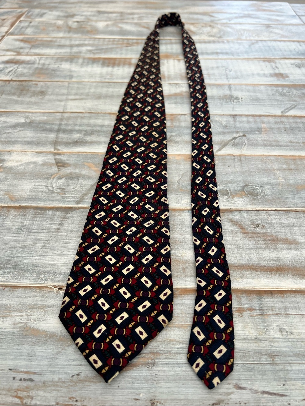 Vintage Christian Dior Monsieur Silk Tie Navy Burgundy Geometric Designer